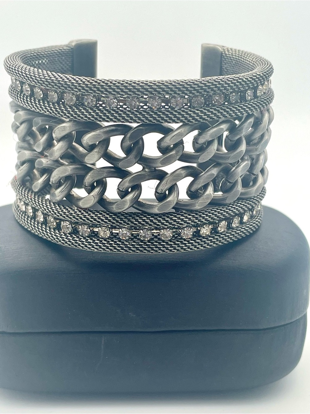 Gunmetal Multi Row Chain Cuff Bracelet with Crystal Accents. Adjustable